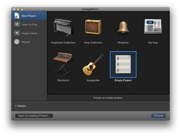 GarageBand appears to be designed for either the short-sighted or for those with really bad mouse aim. Either way, double-click the icon labeled “Empty Project” to create a new movie project.