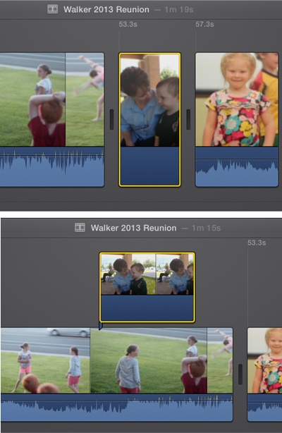 Top: Here’s a still image you dragged between two video clips. That turns it into a photo clip, which behaves in almost every way like a video clip (except that it won’t have an audio track, since photos don’t have sound).Bottom: If you drag a photo onto an existing video clip, you create a cutaway.