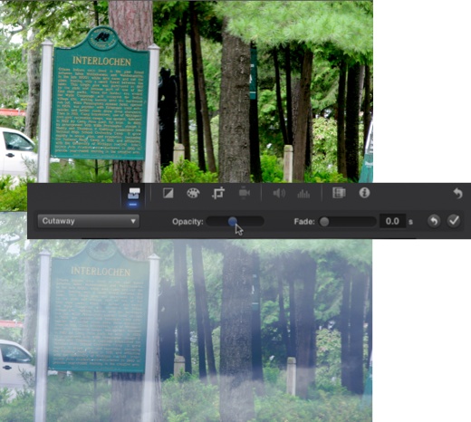 By dialing back the opacity of a photo cutaway, you can add cool effects, like the “fog” covering the bottom clip. You create this effect with a cutaway picture of clouds set at half transparency. You can use it for a “Scooby-Doo and the Haunted Forest” remake.