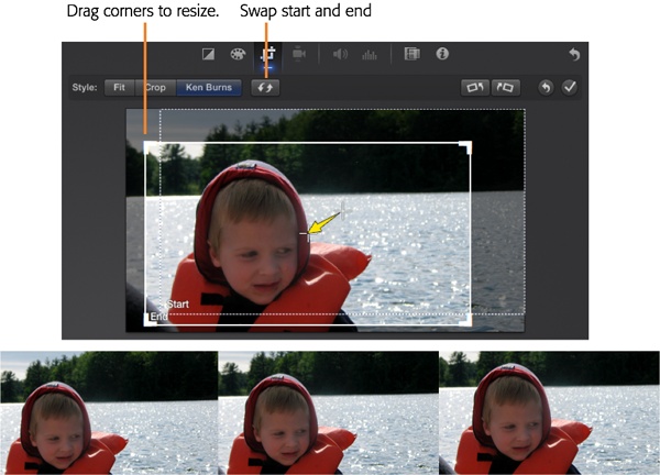 Top: In this somewhat confusing display, you adjust the Start box and then the End box to show iMovie how you want to pan and zoom across a photo. The yellow arrow shows the current direction of the pan to help you visualize the motion of the shot.Bottom: This three-frame sample shows a representation of the pan and zoom the settings above will produce.