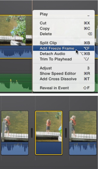 Top: Add Freeze Frame is one of the commands available from the shortcut menu when you right-click a video clip.Bottom: iMovie splits the video clip in two and sticks the freeze frame in the middle. Note that iMovie assumes that you want a still image, so it doesn’t apply the Ken Burns effect.