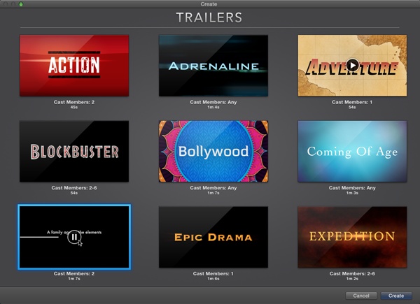 To create a trailer, click File→New Project (Shift-⌘-N), select Trailer from the drop-down menu, and then choose a trailer style. Click the Play button on a trailer to preview it. iMovie even tells you how long each trailer lasts and how many cast members you need.