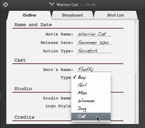 In the Outline tab, type in your movie’s name, the cast name(s), the studio name, and the production credits (not that people actually read those). Each trailer has custom fields; here, the Epic Drama trailer lets you change the hero’s identity from “Boy” to “Cat.”