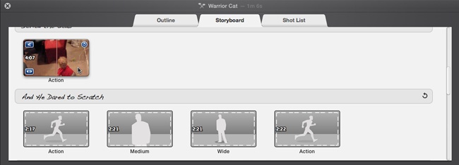 You do most of your trailer-building in the Storyboard by dropping clips from your Event library into each of the premade slots. You can type in your own text for the headers. Once you drop in a clip, you can unmute it, remove it, or reposition it with the Clip Trimmer (page 67) by using the three little blue buttons shown here.