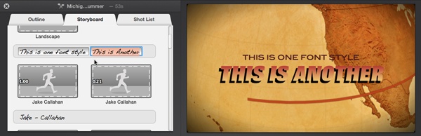 Some titles use multiple fonts and sizes. iMovie separates those titles into different text boxes (left), and styles each so the titles appear in their proper format in the title itself (right).