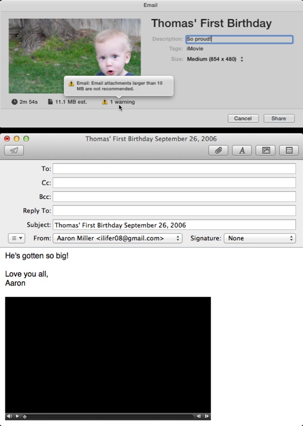Top: When you share a movie via email, be sure to choose a resolution that works.Bottom: iMovie uses Apple’s Mail application to send your movie, automatically generating a message like the one you see here. Sharing from iMovie doesn’t work with browser-based email, however.