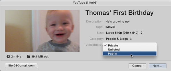 Sign into your YouTube account and then add information about your film to this dialog box. iMovie uploads the info along with your movie.