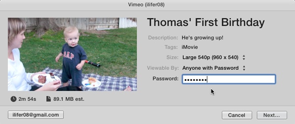 Uploading to Vimeo works almost identically to sharing to YouTube. The privacy settings are unique, however, since you can limit viewing to those with a password you choose.