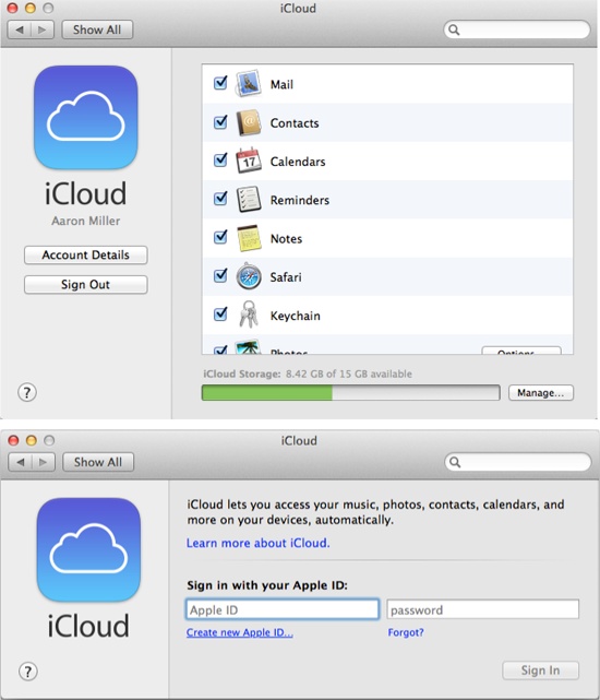 Top: To share movies through iMovie Theater, you need to have iCloud set up on your Mac.Bottom: If you see this screen when you select iCloud from the Settings menu, either sign in with your Apple ID and password or click Create New Apple ID and follow the instructions.