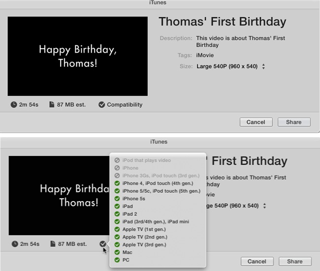 Top: The Size drop-down menu offers standard compression settings for your movie, the same as the options for all the Web-sharing outlets like YouTube (page 248). Be sure to choose a size that will play on your target devices.Bottom: Once you pick a size, hover over the checkmark to see a list of the devices that can play back that format.