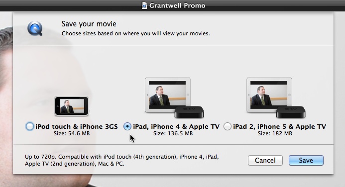 Here’s where you export your movie from QuickTime to iTunes. Choose any option and QuickTime gives you more detail on compatible devices.