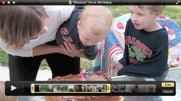 Trimming a movie in QuickTime couldn’t be easier. Just drag the yellow handles so that everything you want to keep sits inside the yellow border, and then click Trim to cut your movie down to size.