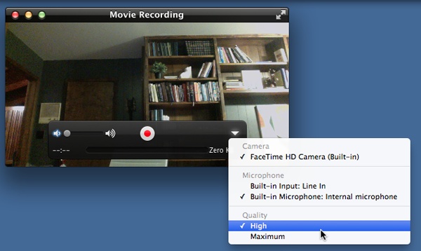 Recording a movie in QuickTime is easy. To change the sound source, the quality of the recording, or the save location for your movie, click in the Recording window.