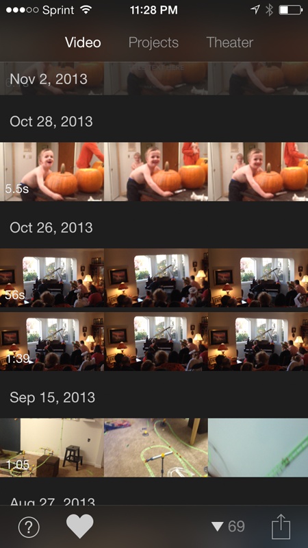 With lots of footage in the Video Browser, it looks much more exciting. Notice how iMovie automatically groups and sorts the clips by date, and displays their durations on the left.