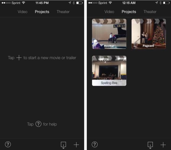 Left: The Projects view will be empty when you first get started. Tap the + button to create your first movie.Right: Once you have a few projects and trailers under your belt, you can tap one of the thumbnails to preview it or to do more editing.