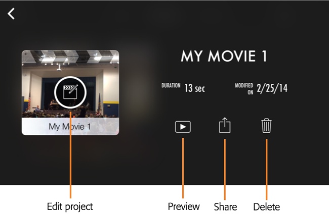 The Project Info screen offers all kinds of useful information related to your project, like its duration, the date it was last edited, and playback and sharing buttons. To rename your project, tap the name and type in a new one.