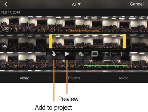 Use this floating menu to add footage from the Media screen to your project. Drag the ends of the yellow border to select just part of a clip. Press to preview what you’ve selected. Press the down arrow to add the selection to your project.