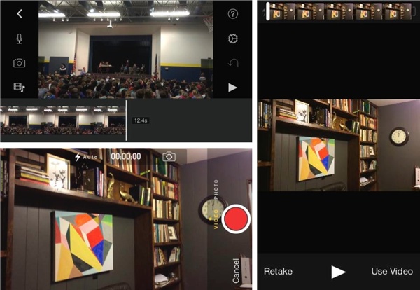 Left, top: The Camera button lets you film video or shoot photos and save them right in your timeline.Left, bottom: The camera appears and works just as it normally does.Right: Once you finish shooting, you can reshoot the clip or video, preview it, or add it to your timeline (by tapping Use Video).