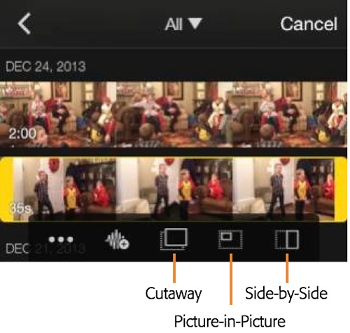 Add an overlay clip (a cutaway, picture in picture, or side by side clip) using one of these three buttons on the Add Media screen.