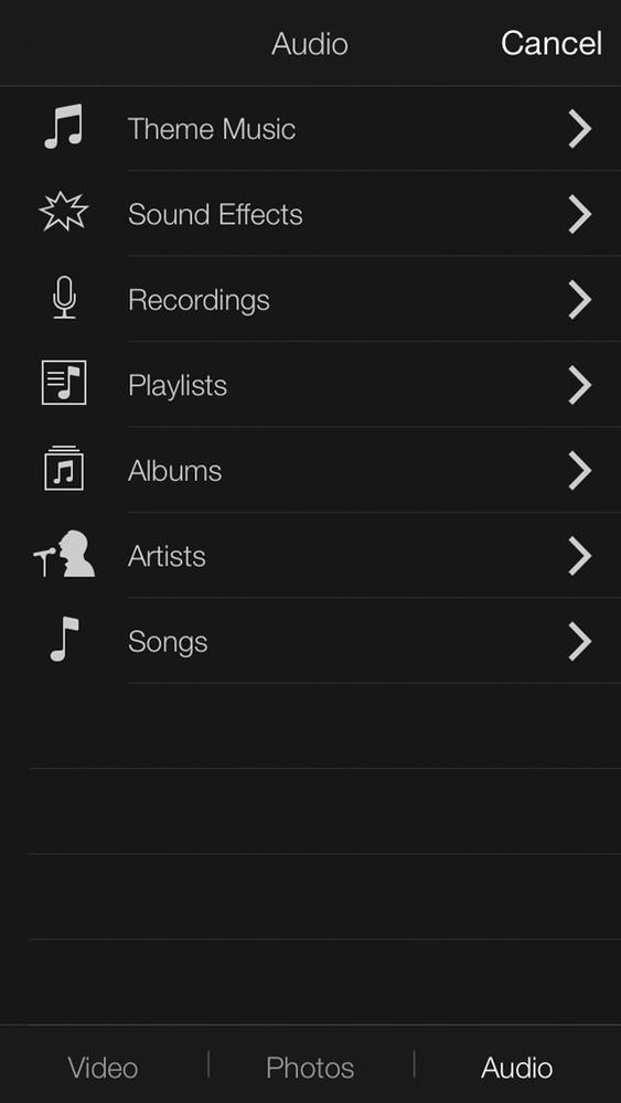 Tap Add Media followed by Audio to see all the sound clips you can use to enhance your movie. While Theme Music and Sound Effects offer unique audio clips, the remaining four choices (Playlists, Albums, Artists, and Songs) are just four ways to tap your device’s music library.