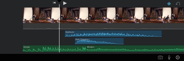 The iPad’s waveforms button (highlighted in blue) shows you patterns in your audio, making it easier to pinpoint important moments in a clip.