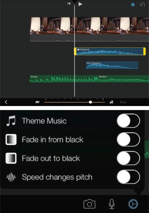 Top: Use the speed slider to make an audio clip faster or slower. (Notice the hare icon on the chosen clip—that means you sped it up. A tortoise icon means you slowed it down.)Bottom: Be sure to turn off the “Speed changes pitch” setting so the audio will keep its pitch when you change the clip’s speed.