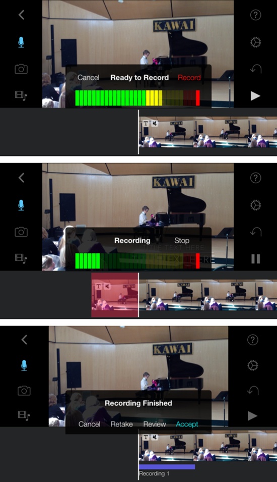 Top: Tap Record to start your narration.Middle: While you record, iMovie indicates your progress through the movie with a red shadow in the timeline.Bottom: When you tap Stop, iMovie gives you four choices for your recording.