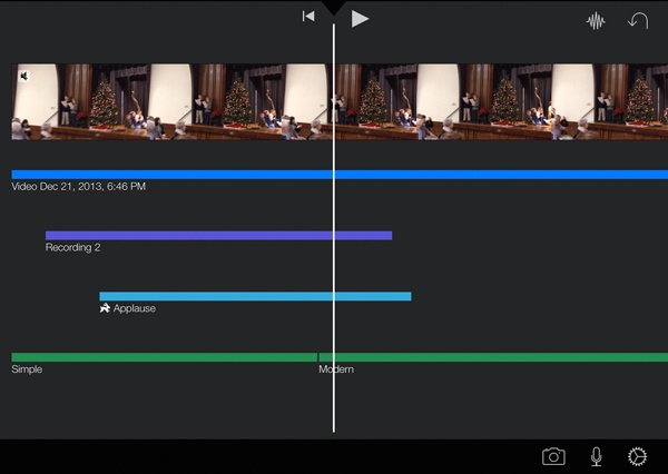 iMovie marks these three kinds of foreground audio in different colors. The vibrant blue stripe (top) is detached audio, the lavender stripe (middle) is narrated audio, and the light-blue stripe (bottom) is a sound effect.