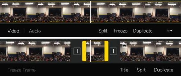 iMovie’s Freeze features creates a still image from a frame in a video.Top: To “snap” the frame, position the playhead and then tap Freeze in the toolbar.Bottom: The frozen frame acts like any other photo in your timeline, except that you can’t apply the Ken Burns effect to it, and you can split it.