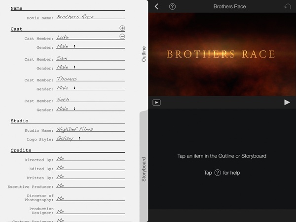 Use the outline to supply details about your movie. You can change the details later, and your trailer will change accordingly.