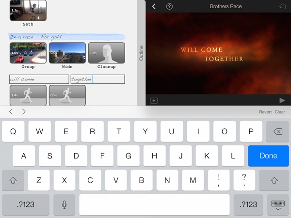 To change a trailer title, tap it in the storyboard. Use the keyboard to type in new text, and the preview window shows what it will look like. Tap Done to save your changes.