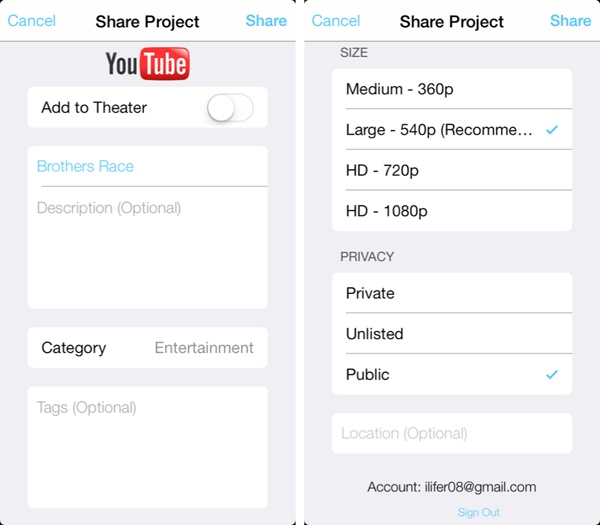 Left: To share to YouTube, enter your movie’s name, description, category listing, and tags (page 248).Right: Pick a video quality and then decide who can see your movie. Choose Public if you want the world to see it!