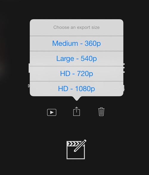 To share a video to the Camera Roll, tap Share and then Save Video. iMovie asks you to pick an export size. It’s usually best to go big and later export a smaller movie if your first choice ends up taking too long to share.