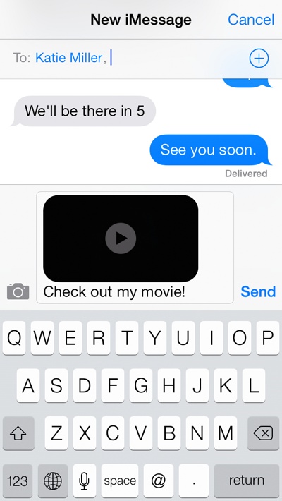 When you share using iMessage, it automatically attaches a low-res version of your video to a new message. Just type in the recipient(s) and then tap Send.