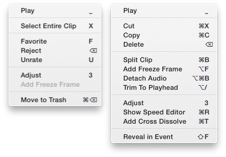 Left: The shortcut menu for the Event browser.Right: The shortcut menu for the project storyboard. All of these commands are available elsewhere.