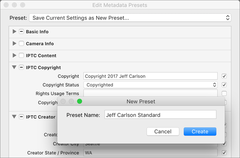 Figure 18: Creating a new metadata preset in Lightroom.