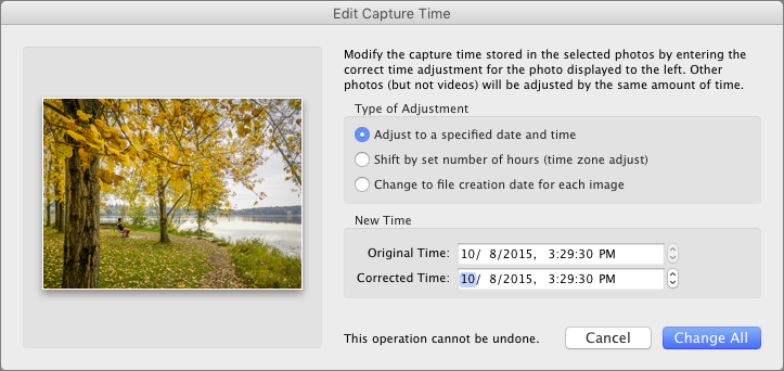 Figure 36: Correcting the capture time in Lightroom Classic.