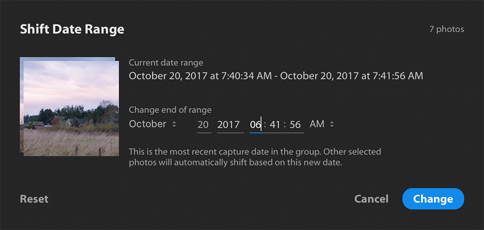 Figure 37: Shifting the capture time in Lightroom CC.