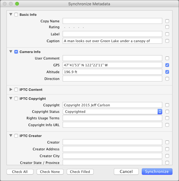 Figure 40: Lightroom Classic syncs selected metadata between photos.