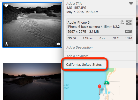 Figure 42: The image’s actual location appears on the map, even though it has a general description of “California, United States.”