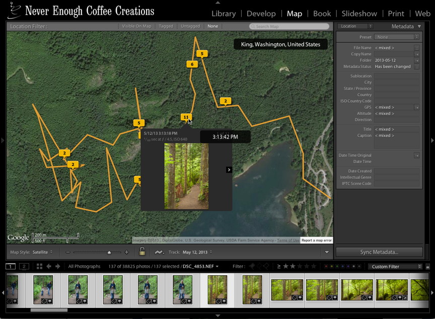 Figure 46: Photos gain location information from the tracklog in Lightroom.