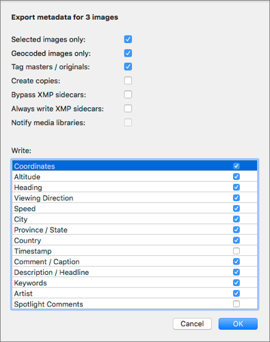 Figure 48: The EXIF/XMP Export options in HoudahGeo.