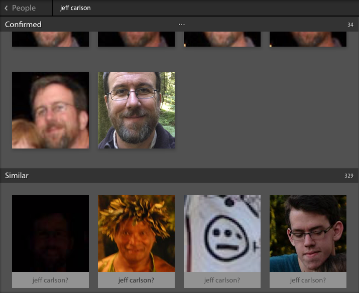 Figure 51: Lightroom is always looking for new faces when you’re in the People interface, including some dubious possibilities here (I haven’t had three eyes for years).