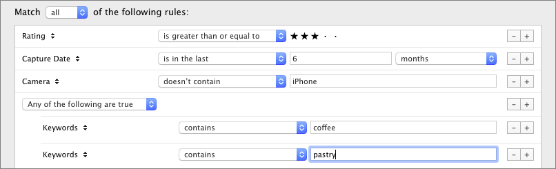 Figure 65: The nested condition tells the smart collection to find images matching the first three rules, but only if they contain the keywords coffee or pastry.