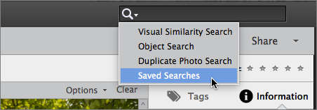 Figure 70: The roundabout method of loading saved searches in Photoshop Elements.
