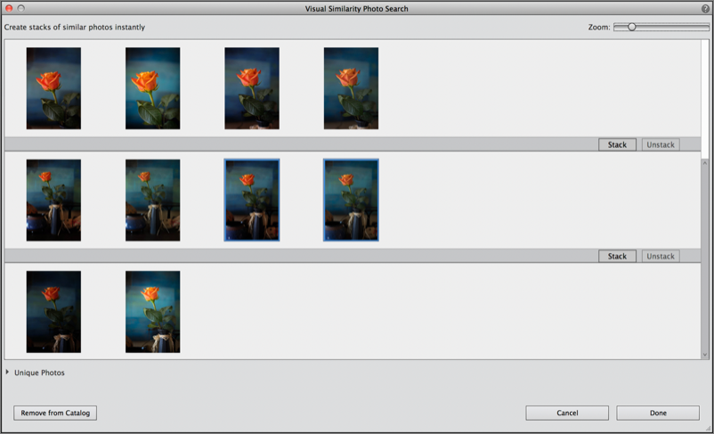 Figure 74: Photoshop Elements looks for duplicates and arranges them in stacks for review.