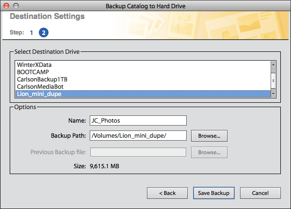 Figure 85: Specify a location for the catalog backup in the Elements Organizer.