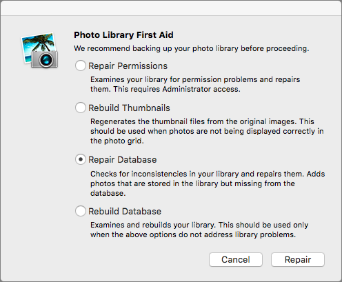 Figure 86: The Photo Library First Aid tool in iPhoto and Aperture will help clean up the library’s database.