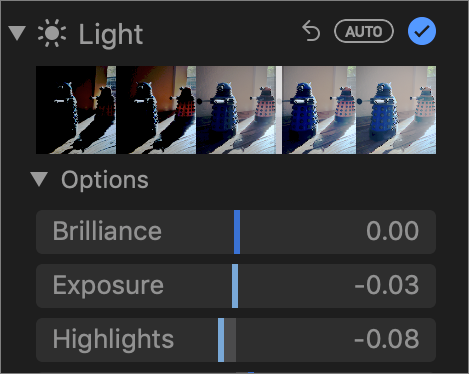 Figure 77: Beneath the Light adjustment is an Options list featuring numerous components you can adjust to fine-tune an overall effect.