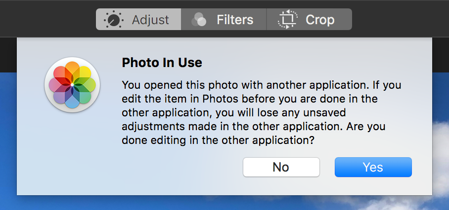 Figure 82: Photos will warn you if you try to edit an image that’s already been edited externally.